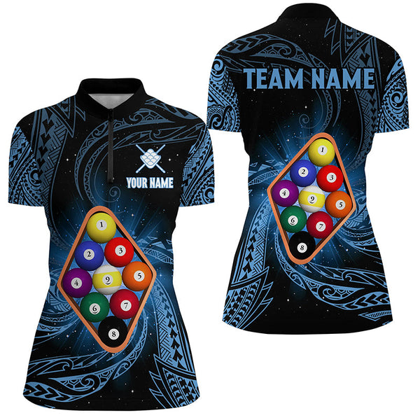 Personalized Blue Tribal Pattern 9 Ball Billiard Shirts For Women, 9 Ball Pool Billiard Jerseys TDM2234
