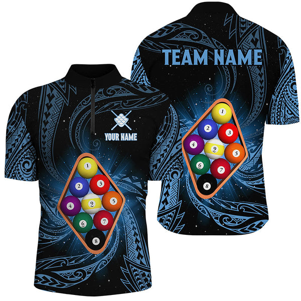 Personalized Blue Tribal Pattern 9 Ball Billiard Shirts For Men, 9 Ball Pool Billiard Jerseys TDM2234