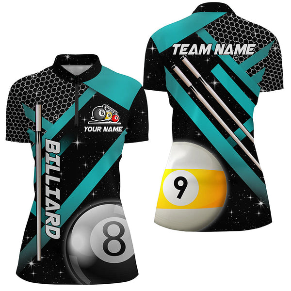 Black Jerseys Billiard 8 Ball & 9 Ball Women Pool Shirts Custom Unique Billiard Uniform |Turquoise TDM2037