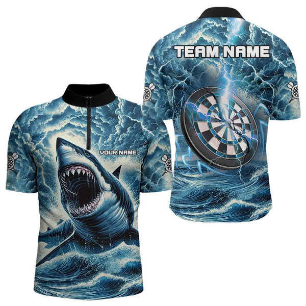 Personalized Shark Blue Lightning Darts Polo & Quarter Zip Custom Dart Shirts For Men Dart Jerseys TDM3442