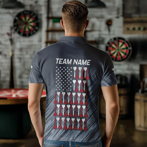 American Flag Grey Grunge Darts Polo & Quarter Zip Custom Dart Shirts For Men Patriotic Dart Jersey TDM3587