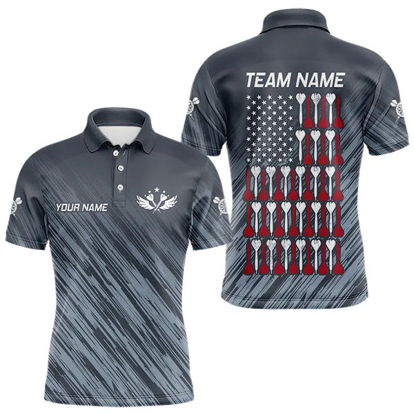 American Flag Grey Grunge Darts Polo & Quarter Zip Custom Dart Shirts For Men Patriotic Dart Jersey TDM3587