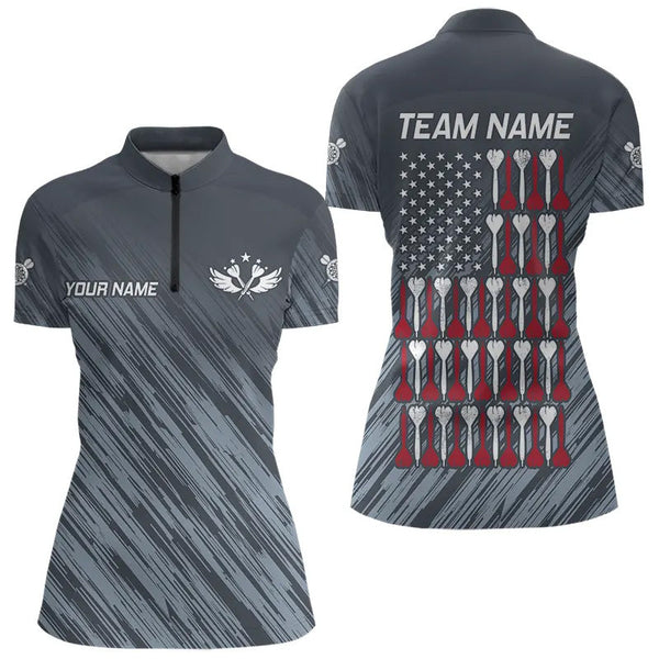 American Flag Grey Grunge Darts Polo & Quarter Zip Custom Dart Shirts For Women Patriotic Dart Jersey TDM3587