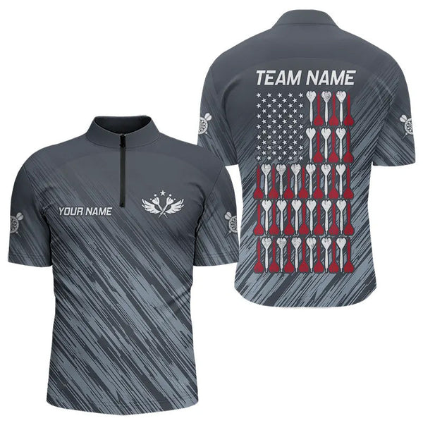 American Flag Grey Grunge Darts Polo & Quarter Zip Custom Dart Shirts For Men Patriotic Dart Jersey TDM3587