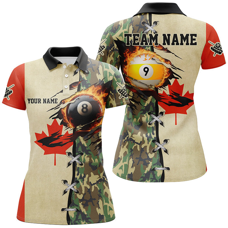 Billiards Ball 8 & Ball 9 Fire Canada Flag Custom Green Camo Women Polo Shirts, Billiard Attire TDM1266