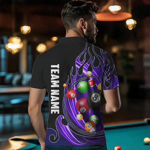 3D Billiard Balls Fire Flame Custom Pool Shirts For Men, Billiard League Team Jerseys | Purple TDM3753