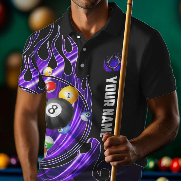 3D Billiard Balls Fire Flame Custom Pool Shirts For Men, Billiard League Team Jerseys | Purple TDM3753