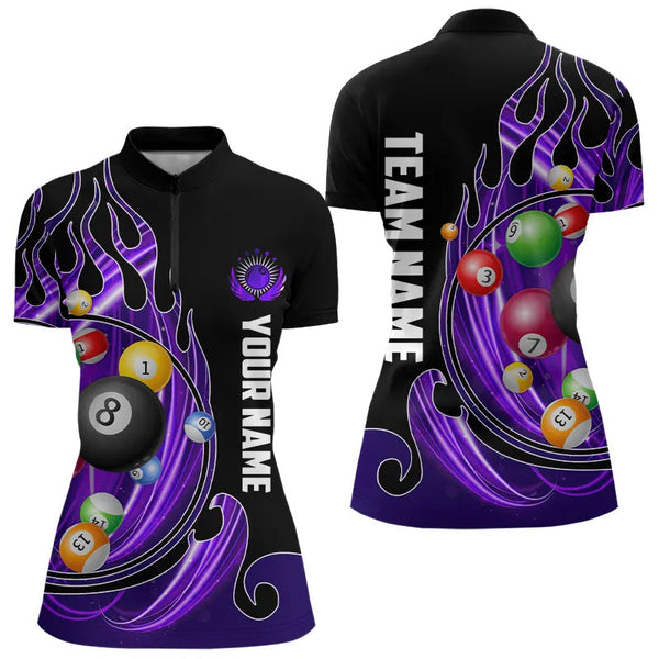 3D Billiard Balls Fire Flame Custom Pool Shirts For Women, Billiard League Team Jerseys | Purple TDM3753