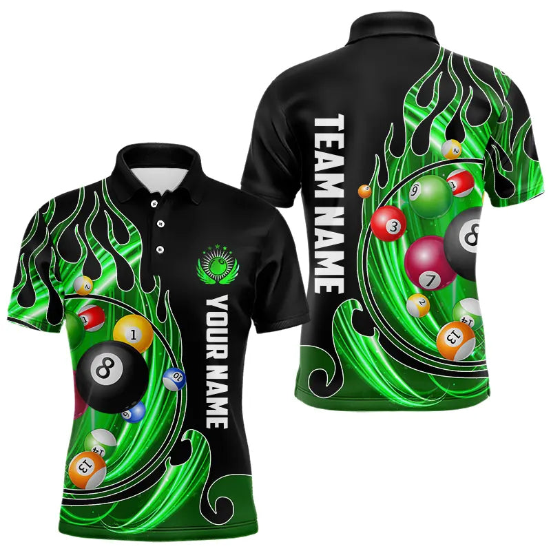 3D Billiard Balls Fire Flame Custom Pool Shirts For Men, Billiard League Team Jerseys | Green TDM3754