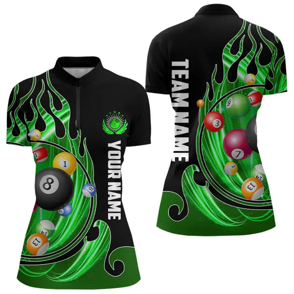 3D Billiard Balls Fire Flame Custom Pool Shirts For Women, Billiard League Team Jerseys | Green TDM3754