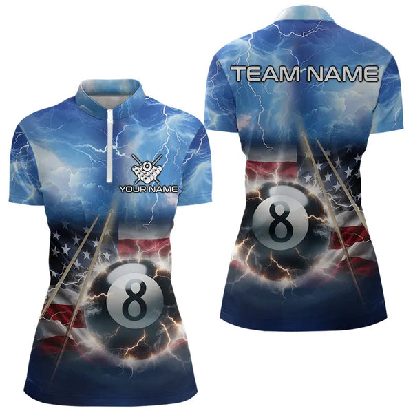 American Flag Thunder Lightning 8 Ball Pool Billiard Shirts For Women Customized Billiard Team Jersey TDM3756