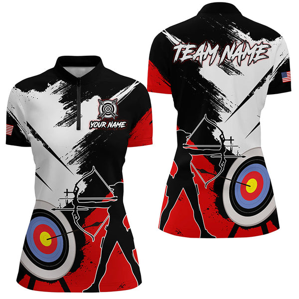 Personalized Grunge Archery Polo And 1/4 Zip Shirts For Women Custom Archery Team Jerseys |Red TDM2054