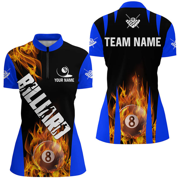 Personalized Flame 8 Ball Pool Fire Billiard Shirts For Women Custom Blue And Black Billiard Jerseys TDM2058