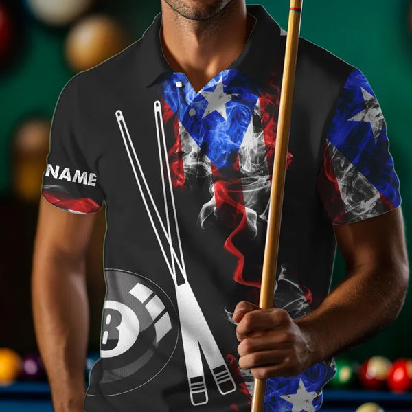 Smoke Puerto Rico US Flag Custom Billiard Shirt For Men, Patriotic 8 Ball Pool Team Jersey TDM3450