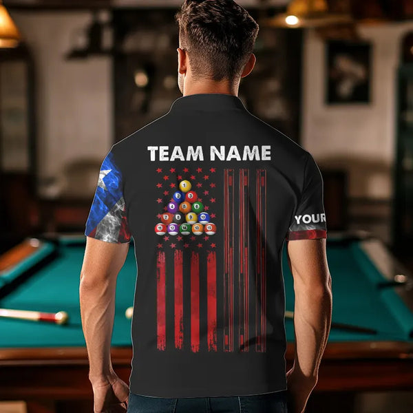Smoke Puerto Rico US Flag Custom Billiard Shirt For Men, Patriotic 8 Ball Pool Team Jersey TDM3450