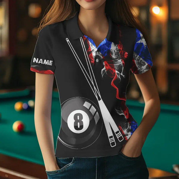 Smoke Puerto Rico US Flag Custom Billiard Shirt For Women, Patriotic 8 Ball Pool Team Jersey TDM3450