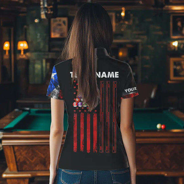 Smoke Puerto Rico US Flag Custom Billiard Shirt For Women, Patriotic 8 Ball Pool Team Jersey TDM3450