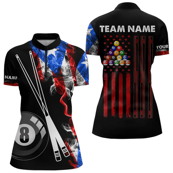 Smoke Puerto Rico US Flag Custom Billiard Shirt For Women, Patriotic 8 Ball Pool Team Jersey TDM3450