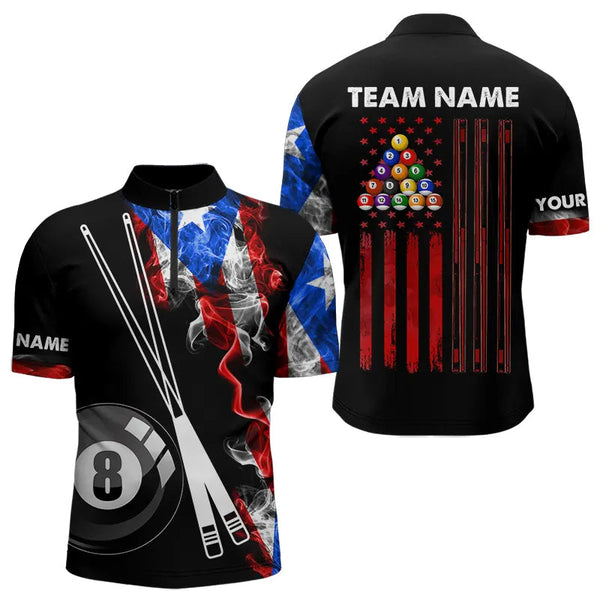 Smoke Puerto Rico US Flag Custom Billiard Shirt For Men, Patriotic 8 Ball Pool Team Jersey TDM3450