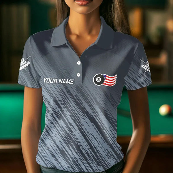 Personalized Funny 8 Ball Wings US Flag Grey Billiard Shirts For Women, Patriotic Billiard Jerseys TDM3603