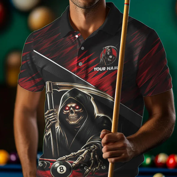 Red Grim Reaper 8 Ball Pool Billiard Shirts For Men Custom Billiard Team Jerseys Polo & 1/4 Zip TDM3760
