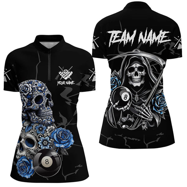 Personalized Funny Blue Skull Roses 8 Ball Billiard Shirts For Women Custom Pool Team Shirts Designs TDM2067