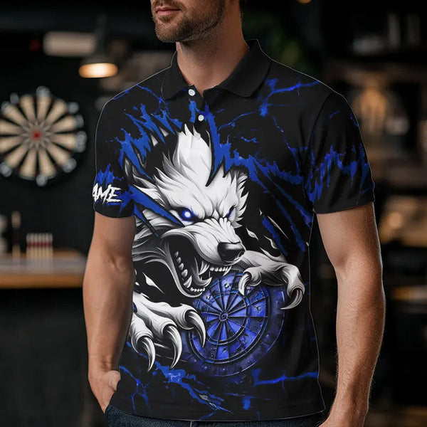 Personalized Wolf Lightning Darts Polo & Quarter Zip Custom Dart Shirts For Men Darts Jerseys |Blue TDM3610