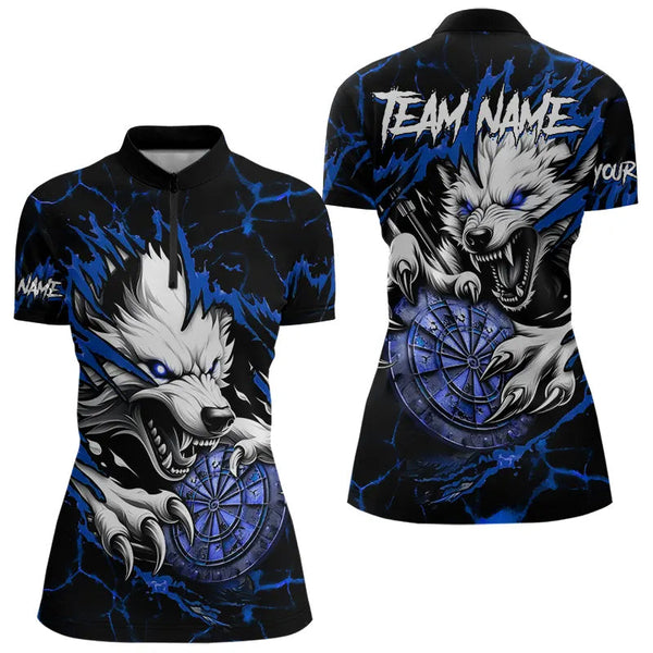 Personalized Wolf Lightning Darts Polo & Quarter Zip Custom Dart Shirts For Women Darts Jerseys |Blue TDM3610