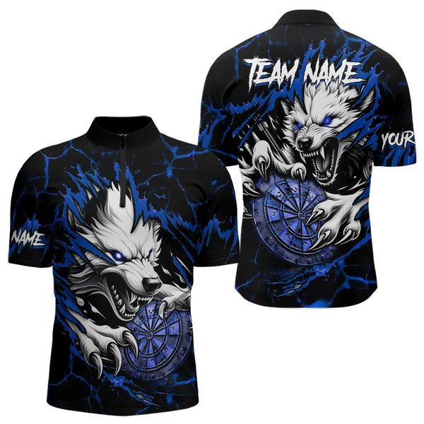 Personalized Wolf Lightning Darts Polo & Quarter Zip Custom Dart Shirts For Men Darts Jerseys |Blue TDM3610