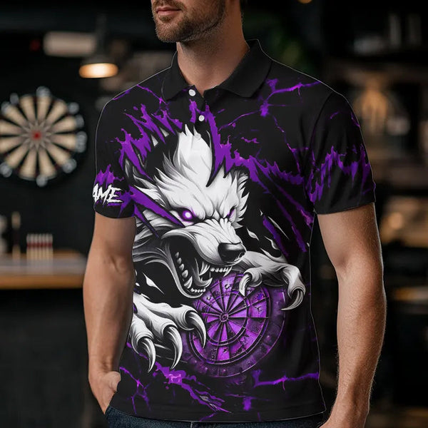 Personalized Wolf Lightning Darts Polo & Quarter Zip Custom Dart Shirts For Men Darts Jersey |Purple TDM3611