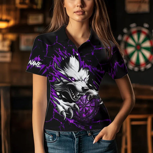 Personalized Wolf Lightning Darts Polo & Quarter Zip Custom Dart Shirts For Women Darts Jersey |Purple TDM3611