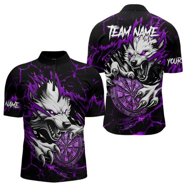 Personalized Wolf Lightning Darts Polo & Quarter Zip Custom Dart Shirts For Men Darts Jersey |Purple TDM3611