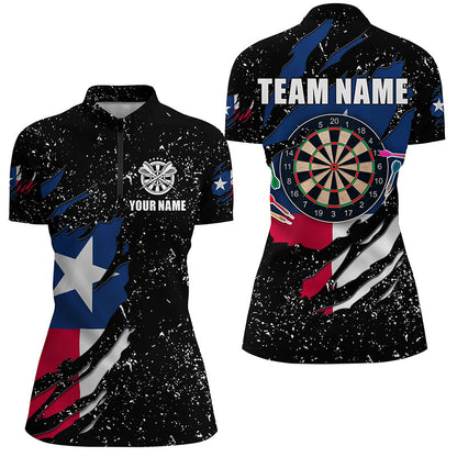Grunge Texas Flag Dartboard Polo & Quarter-Zip Shirts For Women Custom Patriotic Darts Jerseys Attire TDM1647