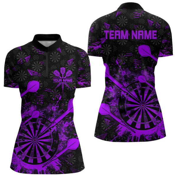 Black And Purple Grunge Darts Polo, Quarter Zip For Women Custom Dart Shirts For Team Dart Jerseys TDM3276
