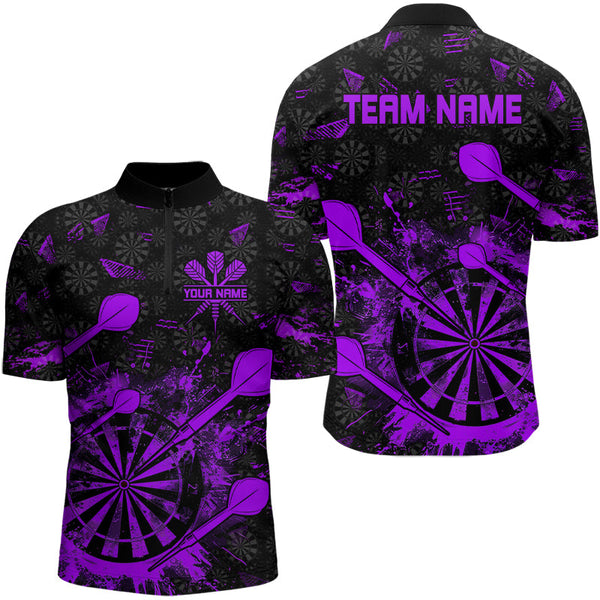 Black And Purple Grunge Darts Polo, Quarter Zip For Men Custom Dart Shirts For Team Dart Jerseys TDM3276