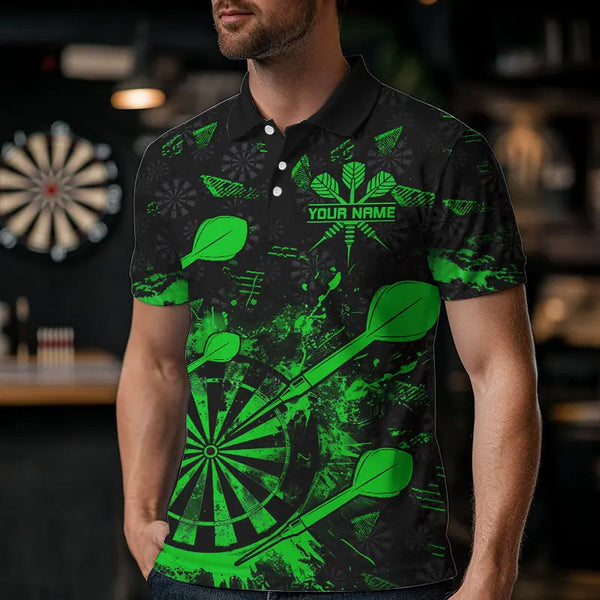Black And Green Grunge Darts Polo, Quarter Zip For Men Custom Dart Shirts For Team Dart Jerseys TDM3464