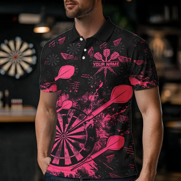 Black And Pink Grunge Darts Polo, Quarter Zip For Men Custom Dart Shirts For Team Dart Jerseys TDM3465