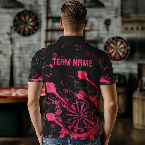 Black And Pink Grunge Darts Polo, Quarter Zip For Men Custom Dart Shirts For Team Dart Jerseys TDM3465