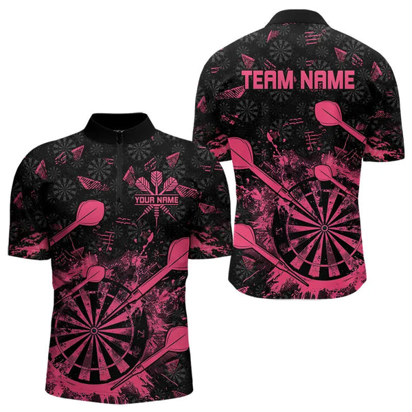 Black And Pink Grunge Darts Polo, Quarter Zip For Men Custom Dart Shirts For Team Dart Jerseys TDM3465