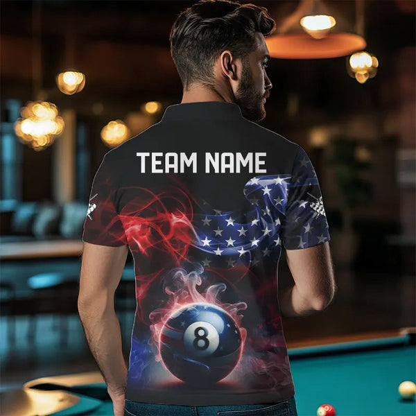 Custom American Flag Smoke 8 Ball Pool Billiard Polo & 1/4 Zip For Men, Patriotic Billiard Jerseys TDM3470