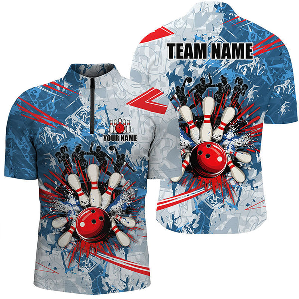 Blue camo Men Bowling Polo, Quarter Zip Shirts Custom bowling team league jerseys, gift for bowlers NQS7869