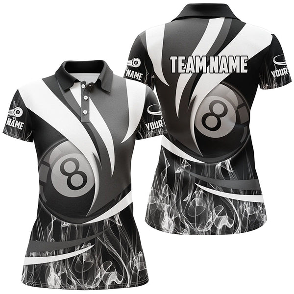 Personalized Black Grey 8 Ball Pool Fire Smoke Billiard Shirts For Women, 8 Ball Billiard Team Jersey TDM2302