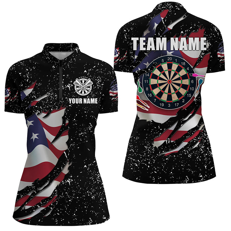Grunge US Flag Dartboard Polo & Quarter-Zip Shirts For Women Custom Patriotic Darts Jerseys Attire TDM1664