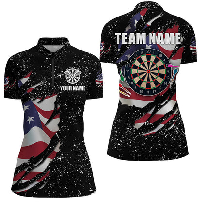 Grunge US Flag Dartboard Polo & Quarter-Zip Shirts For Women Custom Patriotic Darts Jerseys Attire TDM1664