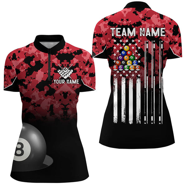 8 Ball Pool Red Camo Custom Billiard Shirts For Women, Patriotic US Flag Billiard Team Jerseys TDM2312