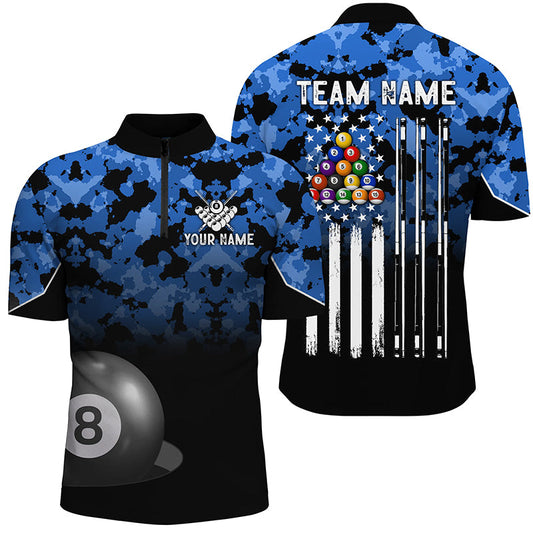 8 Ball Pool Blue Camo Custom Billiard Shirts For Men, Patriotic US Flag Billiard Team Jerseys TDM2313