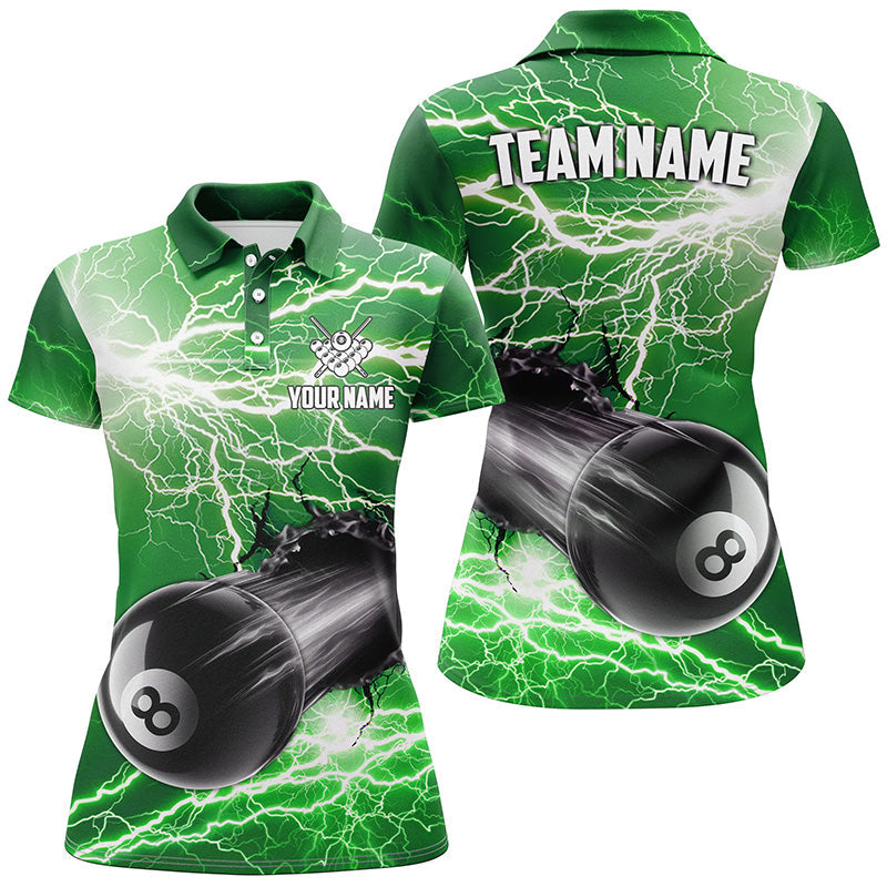 Funny 8 Ball Pool Rush Out Custom Thunder Lightning Green Women Polo Shirts Best Billiard Team Shirts TDM0968