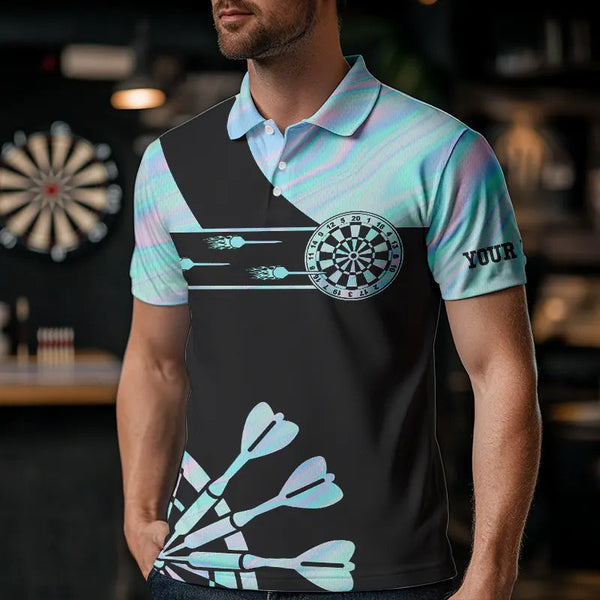 Holographic Blue Darts Tie Dye Polo & Quarter Zip Custom Dart Shirts For Men Glowing Dart Jerseys TDM3623