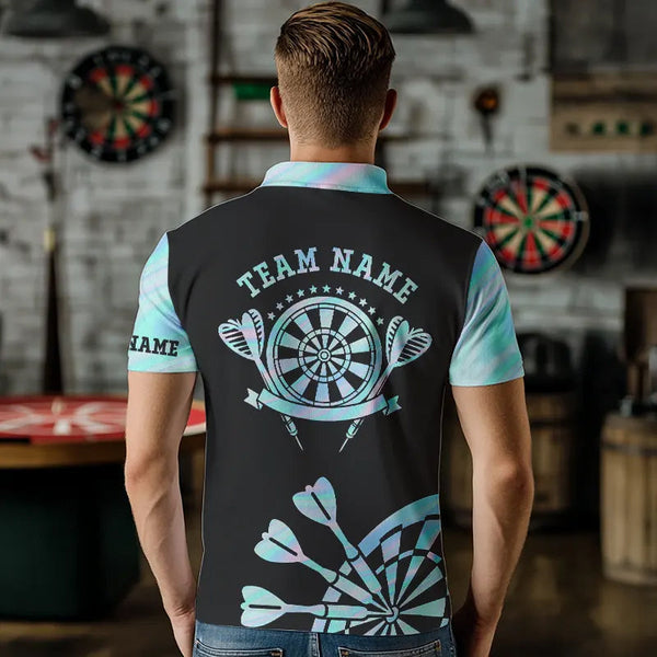Holographic Blue Darts Tie Dye Polo & Quarter Zip Custom Dart Shirts For Men Glowing Dart Jerseys TDM3623