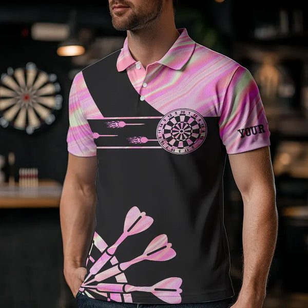 Holographic Pink Darts Tie Dye Polo & Quarter Zip Custom Dart Shirts For Men Glowing Dart Jerseys TDM3624